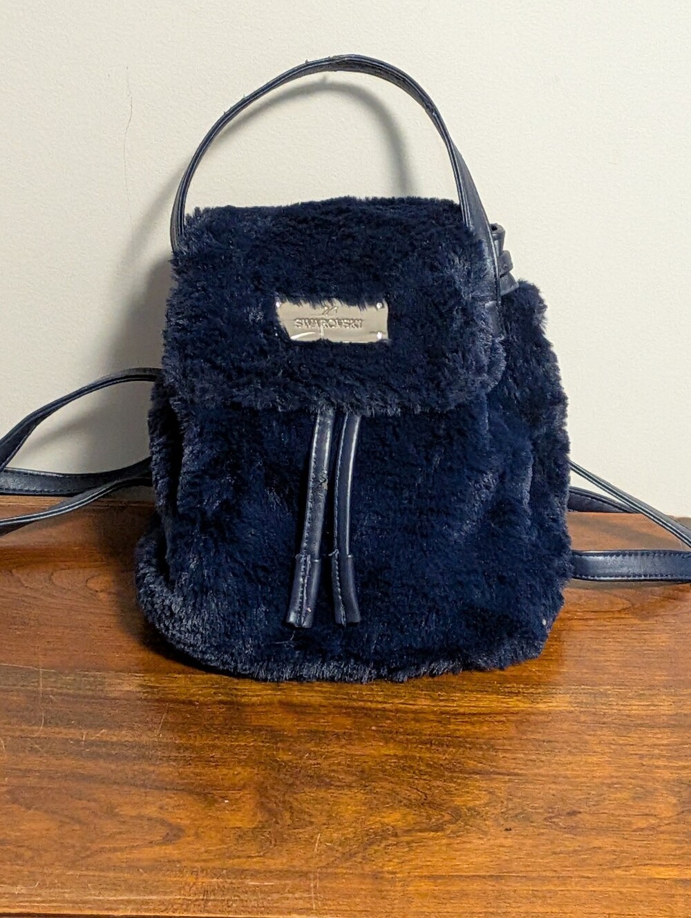 Swarovski Limited Edition Navy Blue Faux Fur Plush Mini Bag Backpack.